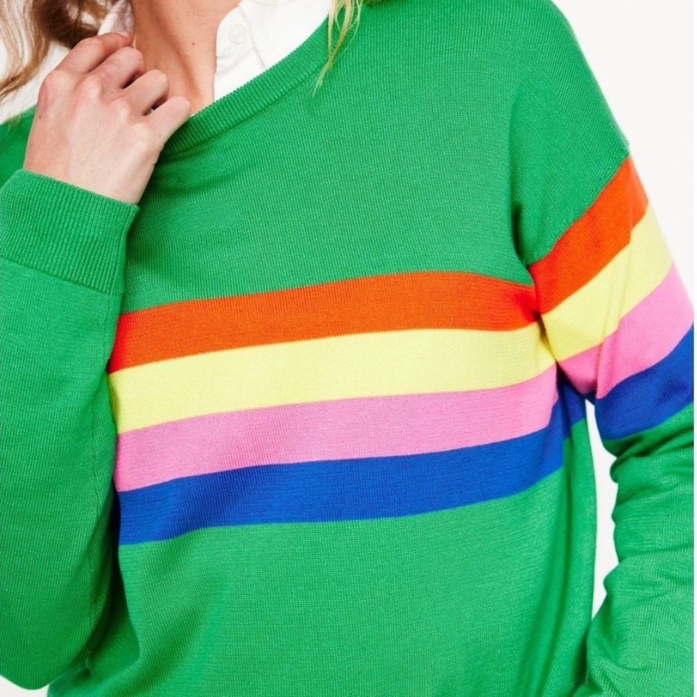 Boden Lara Relaxed Cotton Jumper Green Rainbow Stripe Sweater K1078 Women Size M